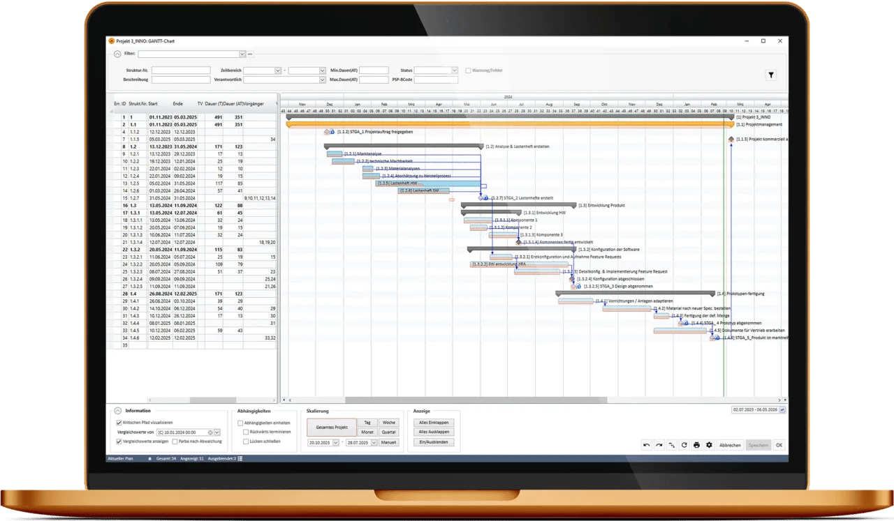 Ein Mockup von einem aufgeklappten, orangefarbenen Laptop mit einer leichten Spiegelung auf dem Display. Auf dem Bildschirm ist ein Gantt-Chart, auch als Balkenplan bekannt, aus der PM-Software pm-smart dargestellt. Der Balkenplan zeigt eine zeitliche Übersicht verschiedener Projektphasen und Aufgaben, die in horizontalen Balken visualisiert sind. Die Balken sind farblich codiert, um den Status oder die Priorität der Aufgaben hervorzuheben, und sind entlang einer Zeitachse angeordnet, die den Fortschritt und die Abhängigkeiten zwischen den einzelnen Aufgaben verdeutlicht.